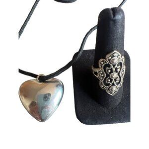 Vintage Jewelry Set Silver Tone Filigree Ring Sz 9 Heart Necklace 30” Black Cord